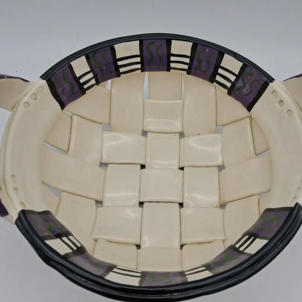 Rina Peleg Signed Pottery Basket Bowl-Hand Decorated Riveted Design 11 3/8